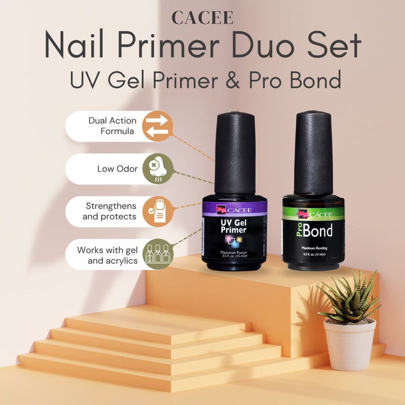 Cacee Nail Primer Duo Set for Acrylic Nails, UV Gel Primer & Pro Bond 0.5 oz, Low Odor, Polish for UV/LED, Use Color Gel Polish & Acrylics, Protect & Strengthen - Image 2